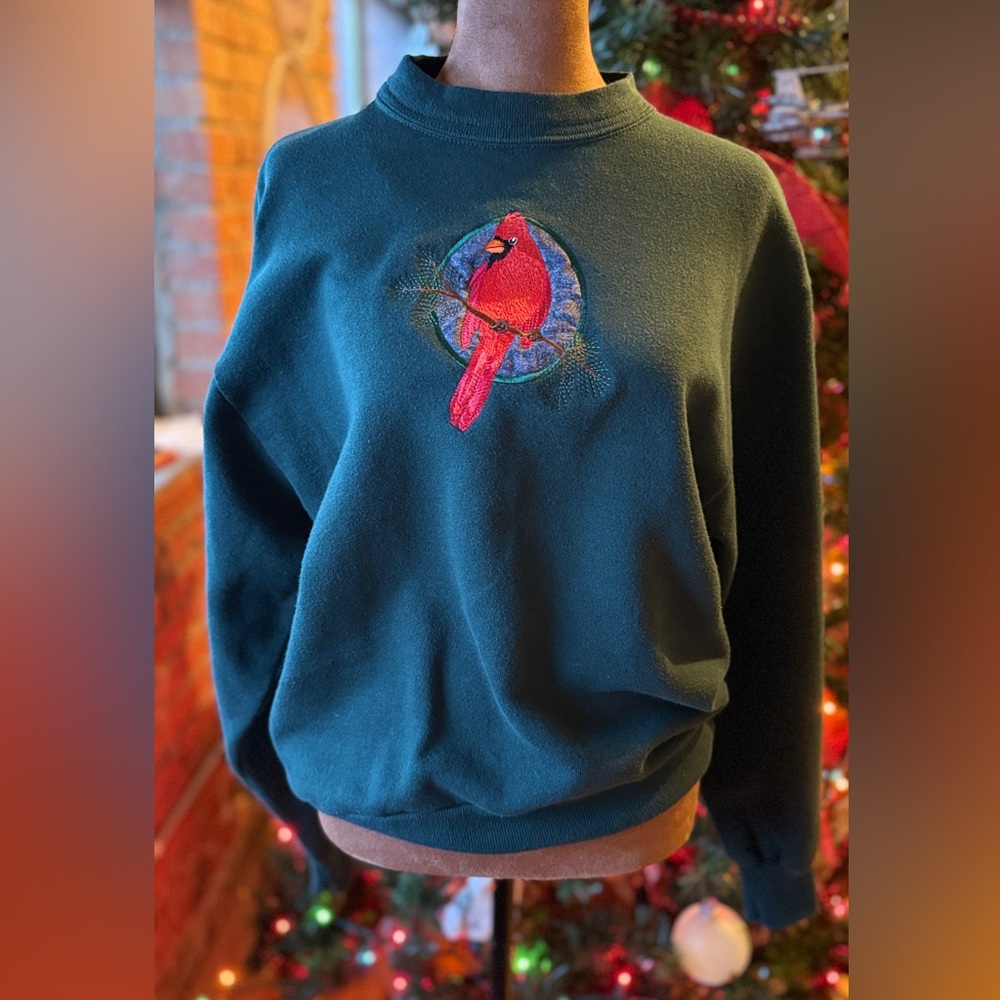 Green Sweatshirt with Cardinal Embroidery